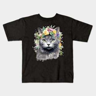 British Shorthair Cat Flowers Water Color Cat Mom Mother's Day Gift Kids T-Shirt